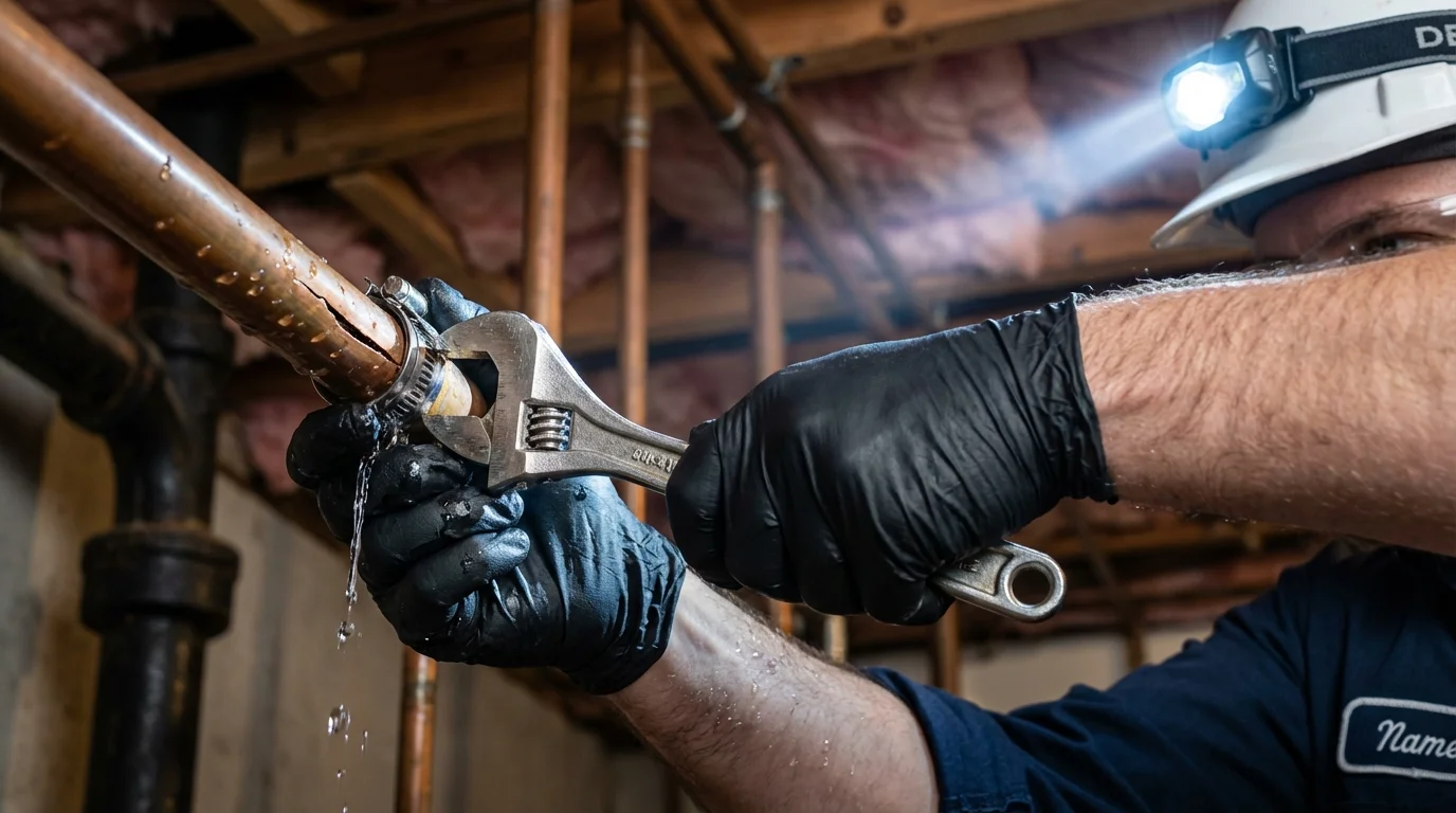 Emergency pipe clamp repair being performed by a Johns Plumbing LLC plumber in Struthers