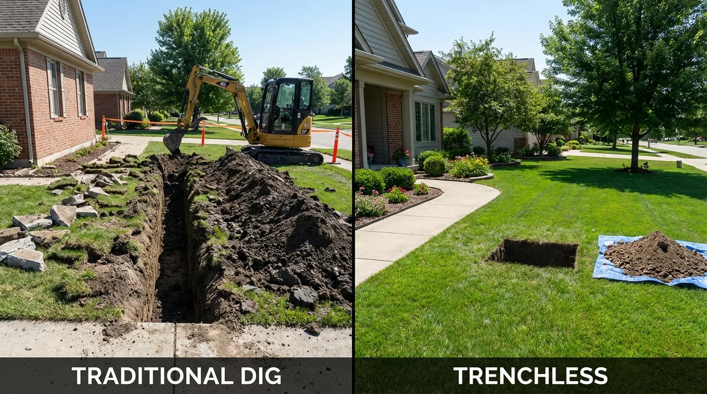 Trenchless sewer repair with minimal yard damage versus traditional excavation in Struthers, OH